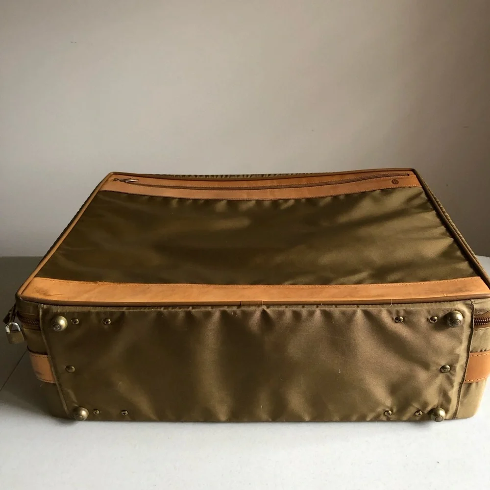 Vintage Hartmann Nylon Suitcase w/Outside Pocket In Olive w/Tan Leather Trim